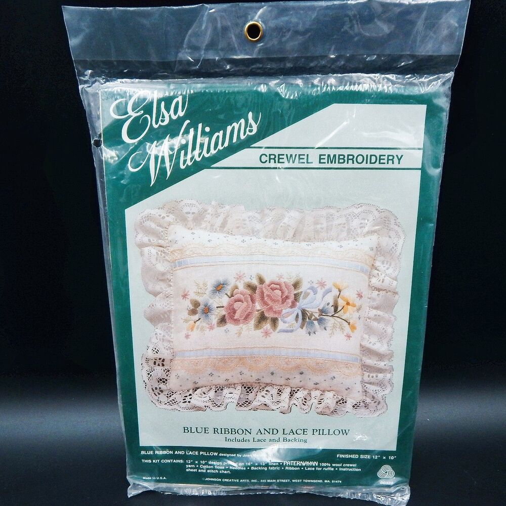 Elsa Williams Crewel Embroidery Blue Ribbon And Lace Pillow Kit Floral 12X10 USA